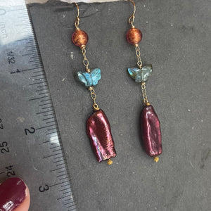 Murano Glass, Butterfly Labradorite, and Biwa Plum Pearl Earrings OOAK