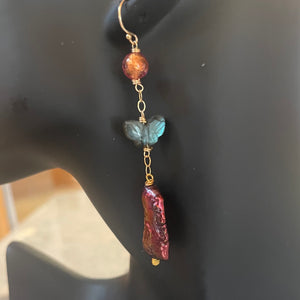 Murano Glass, Butterfly Labradorite, and Biwa Plum Pearl Earrings OOAK