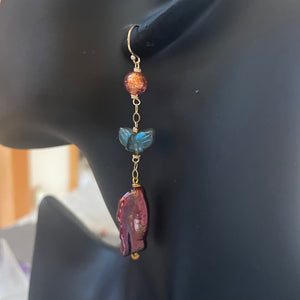 Murano Glass, Butterfly Labradorite, and Biwa Plum Pearl Earrings OOAK