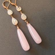 Rose Quartz and Rainbow Moonstone Dangle Earrings, Rose Gold, OOAK