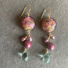 Load image into Gallery viewer, Sweet Roses Murano Glass and Pearl Dangle Earrings