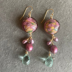 Sweet Roses Murano Glass and Pearl Dangle Earrings