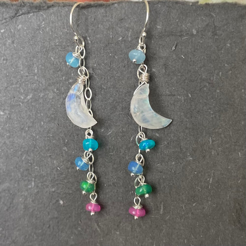 Rainbow Moonstone Moon and Opal Dangle Earrings
