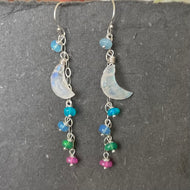 Rainbow Moonstone Moon and Opal Dangle Earrings