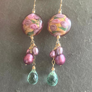 Sweet Roses Murano Glass and Pearl Dangle Earrings