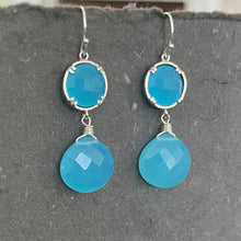 Load image into Gallery viewer, Aqua Blue Bezel Dangle Earrings