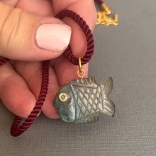 Load image into Gallery viewer, Go Fish! Labradorite and Cubic Zirconia Carved Fish Necklace, Burgundy Cord, OOAK