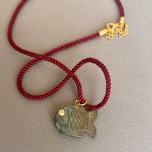 Load image into Gallery viewer, Go Fish! Labradorite and Cubic Zirconia Carved Fish Necklace, Burgundy Cord, OOAK