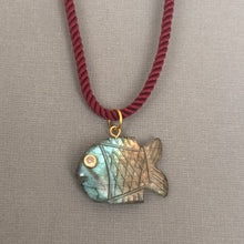 Load image into Gallery viewer, Go Fish! Labradorite and Cubic Zirconia Carved Fish Necklace, Burgundy Cord, OOAK