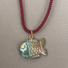 Load image into Gallery viewer, Go Fish! Labradorite and Cubic Zirconia Carved Fish Necklace, Burgundy Cord, OOAK