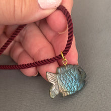 Load image into Gallery viewer, Go Fish! Labradorite and Cubic Zirconia Carved Fish Necklace, Burgundy Cord, OOAK