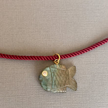 Load image into Gallery viewer, Go Fish! Labradorite and Cubic Zirconia Carved Fish Necklace, Burgundy Cord, OOAK