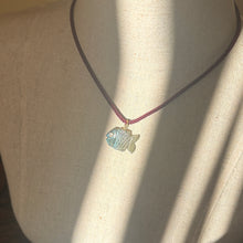 Load image into Gallery viewer, Go Fish! Labradorite and Cubic Zirconia Carved Fish Necklace, Burgundy Cord, OOAK