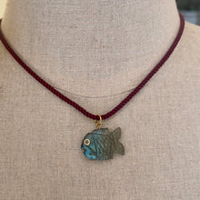 Load image into Gallery viewer, Go Fish! Labradorite and Cubic Zirconia Carved Fish Necklace, Burgundy Cord, OOAK
