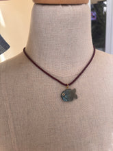 Load image into Gallery viewer, Go Fish! Labradorite and Cubic Zirconia Carved Fish Necklace, Burgundy Cord, OOAK
