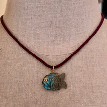Load image into Gallery viewer, Go Fish! Labradorite and Cubic Zirconia Carved Fish Necklace, Burgundy Cord, OOAK