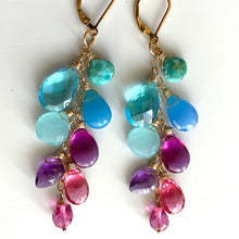 Load image into Gallery viewer, Kingman Turquoise, Chalcedony, Amethyst and Quartz Cascade Cluster Earrings, metal and earwire options