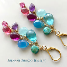 Load image into Gallery viewer, Kingman Turquoise, Chalcedony, Amethyst and Quartz Cascade Cluster Earrings, metal and earwire options