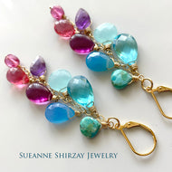 Kingman Turquoise, Chalcedony, Amethyst and Quartz Cascade Cluster Earrings, metal and earwire options