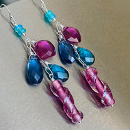 Dichroic Pink Glass Cascade Earrings, Opal and Quartz, Metal options