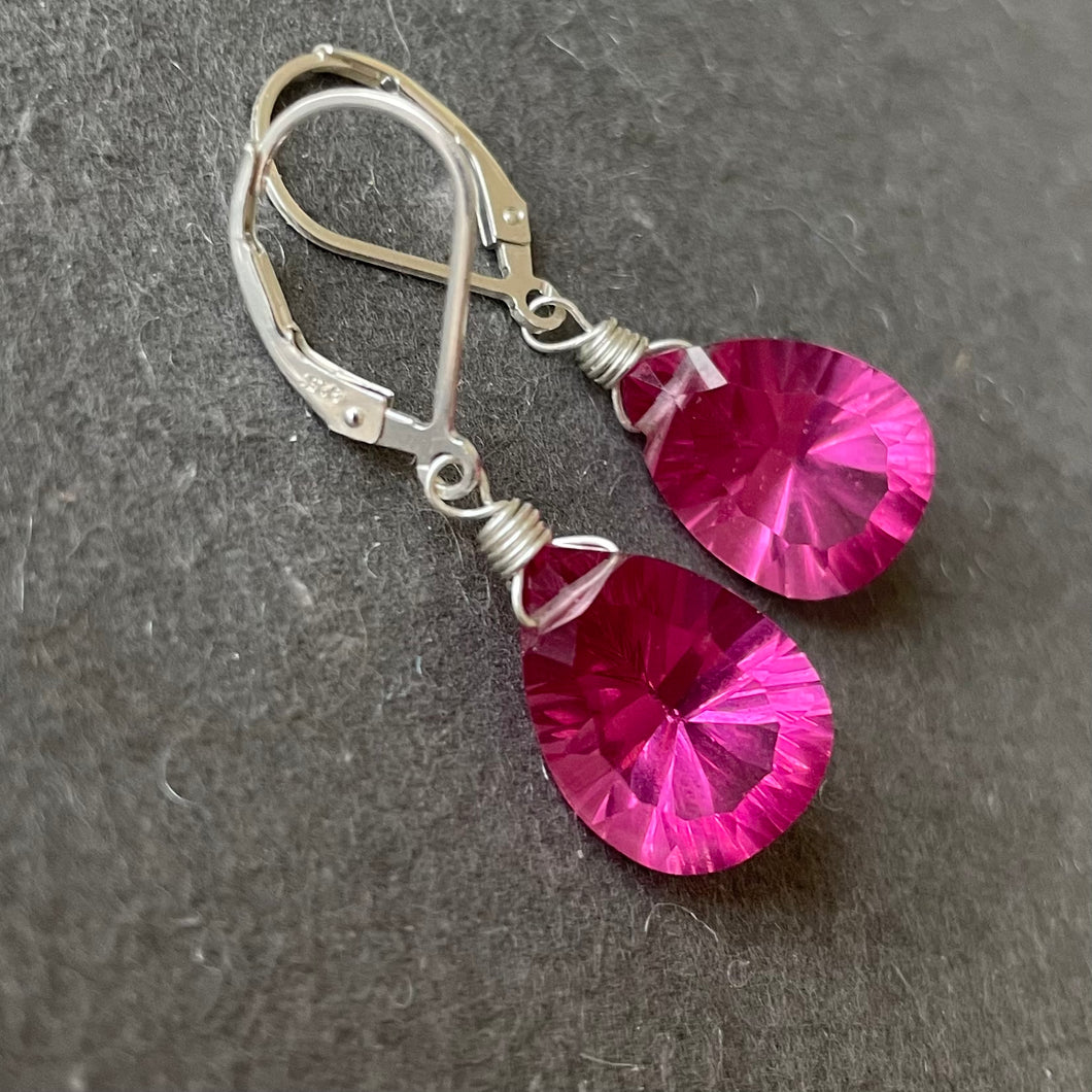 Pink Spinel Laser Cut Quartz Pear Dangle Earrings