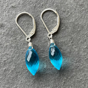 Topaz Blue Dewdrop Quartz Dangle Earrings