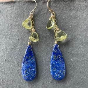 Lapis Lazuli Lemon Quartz Cascade Earrings, OOAK