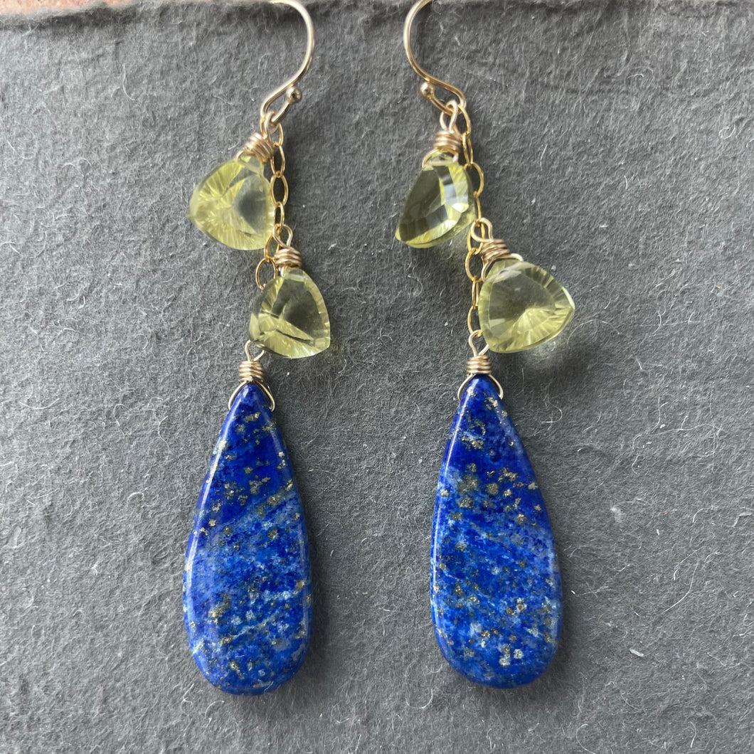 RESERVED for G, Lapis Lazuli Lemon Quartz Cascade Earrings, OOAK