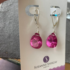 Pink Spinel Laser Cut Quartz Pear Dangle Earrings