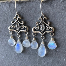 Load image into Gallery viewer, You must be royalty, rainbow moonstone Chandelier Earrings