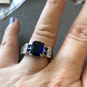 Sapphire Look Cocktail Ring, 7, 14k white gold plate