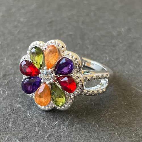Sapphire Look Fun Flower Ring, Size 7