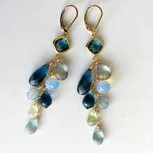 Load image into Gallery viewer, London Blue Quartz, Aquamarine, Opalite, Prehnite Cascade Cluster Earrings