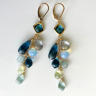 London Blue Quartz, Aquamarine, Opalite, Prehnite Cascade Cluster Earrings