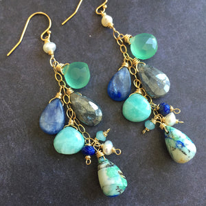 Summer Adventure Cluster earrings, Arizona Oyster Lapis Turquoise