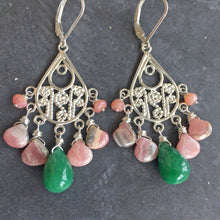 Load image into Gallery viewer, Emerald and Rhodocrosite Chandelier Earrings OOAK