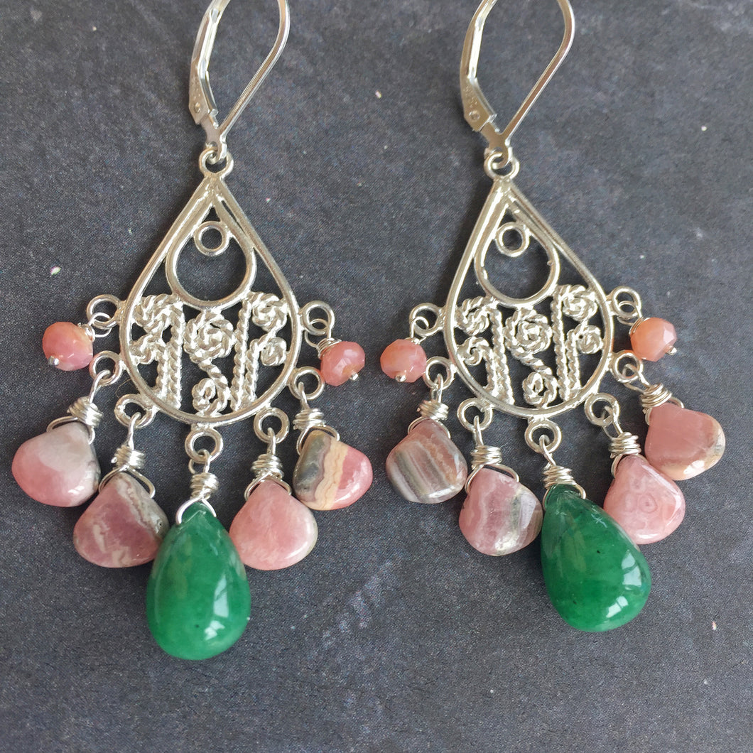 Emerald and Rhodocrosite Chandelier Earrings OOAK