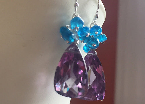 Alexandrite Quartz Color Change Pyramid Earrings, Neon Apatite cluster