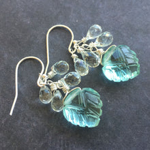 Load image into Gallery viewer, Aquamarine Carved leaf and Teardrop Quartz Earrings