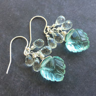 Aquamarine Carved leaf and Teardrop Quartz Earrings
