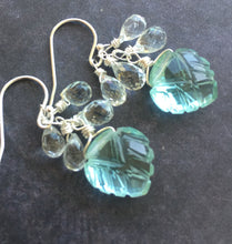 Load image into Gallery viewer, Aquamarine Carved leaf and Teardrop Quartz Earrings
