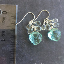 Load image into Gallery viewer, Aquamarine Carved leaf and Teardrop Quartz Earrings