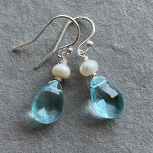 Load image into Gallery viewer, Aquamarine Quartz and Pearl Earrings, Metal Options