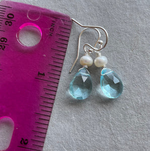 Aquamarine Quartz and Pearl Earrings, Metal Options