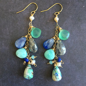 Summer Adventure Cluster earrings, Arizona Oyster Lapis Turquoise