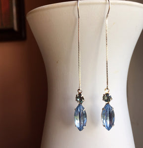 Modern Vintage Swarovski Crystal Threader Earrings, Tanzanite Blue