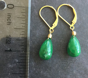 Emerald Teardrop Leverback Earrings, OOAK