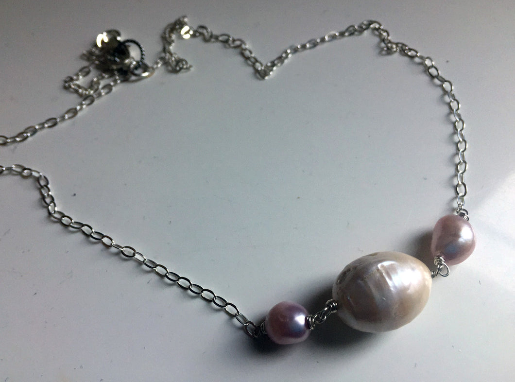 Baroque White and Pink Pearl Necklace, Sterling, Gold, or Rose Gold