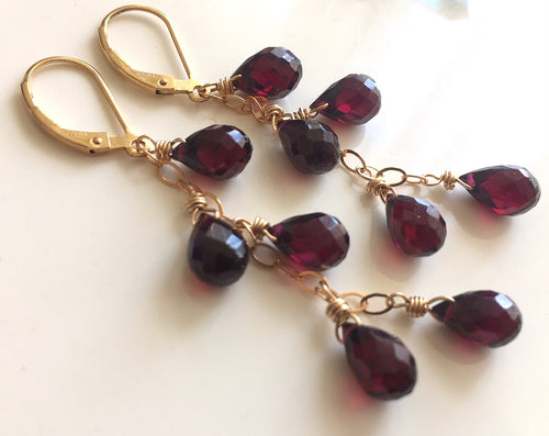 Rhodolite Garnet Cascade Earrings, Gold, Silver or Rose Gold