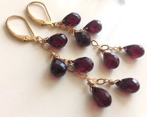 Rhodolite Garnet Cascade Earrings, Gold, Silver or Rose Gold
